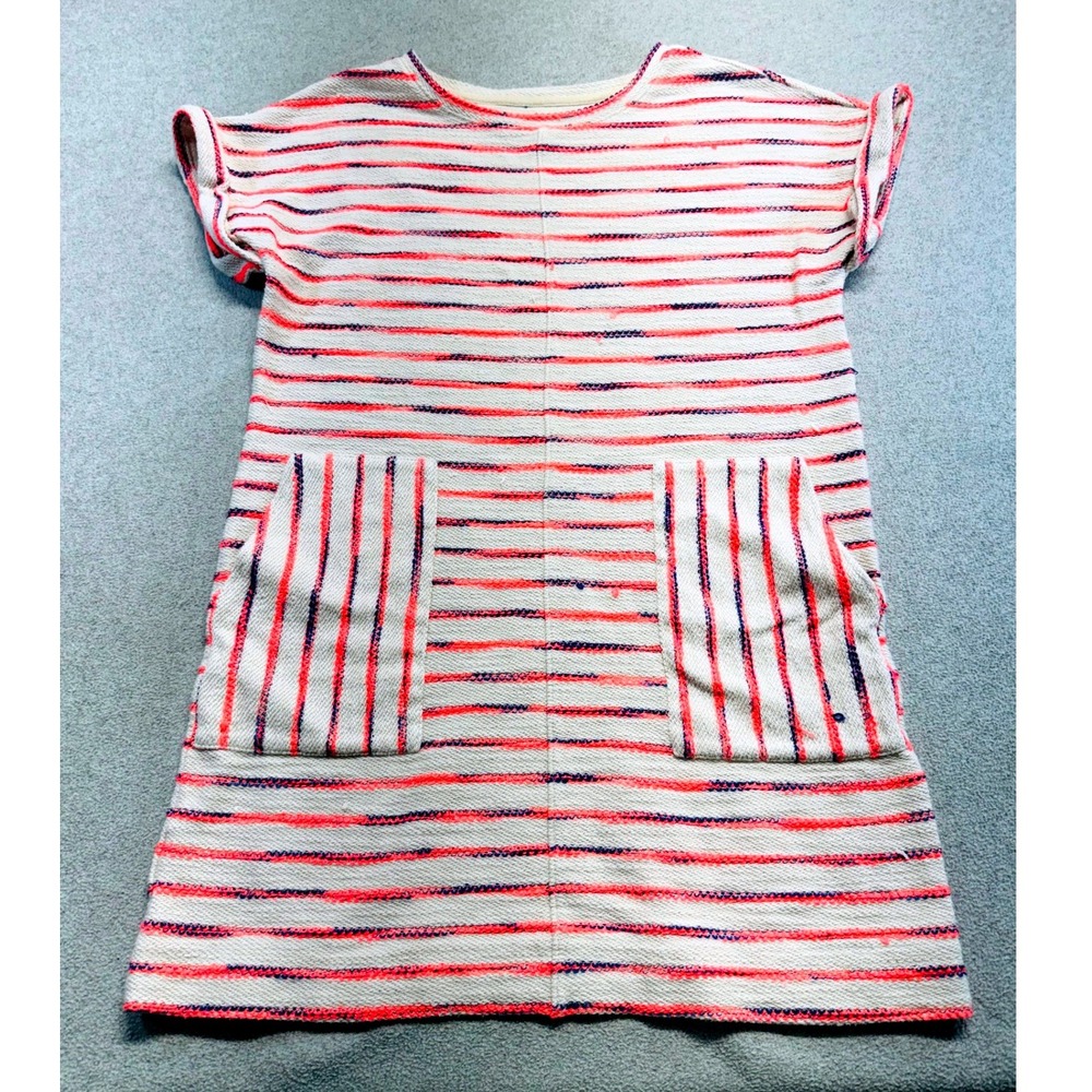 Lou & Grey Womens XS Striped Terry Knit Dress Neon Orange Navy Pockets Textured